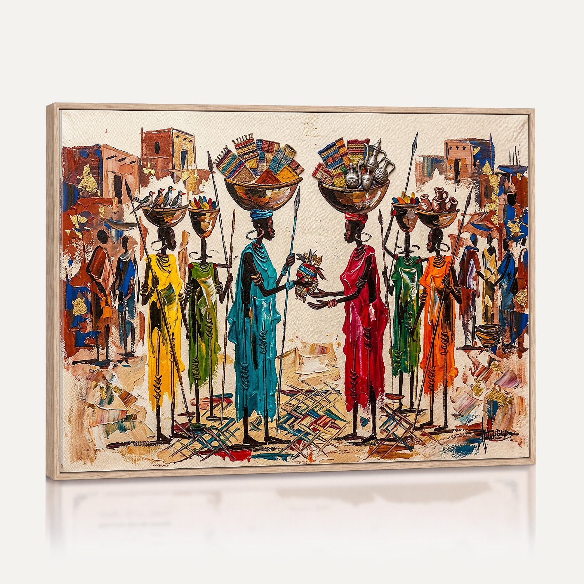 54818657-MGV-CV-36X24 - African Folk Art Canvas Wall Art, Colorful African Women Village Painting Print, Tribal Ethnic Home Decor, Vibrant African Art, Living Room