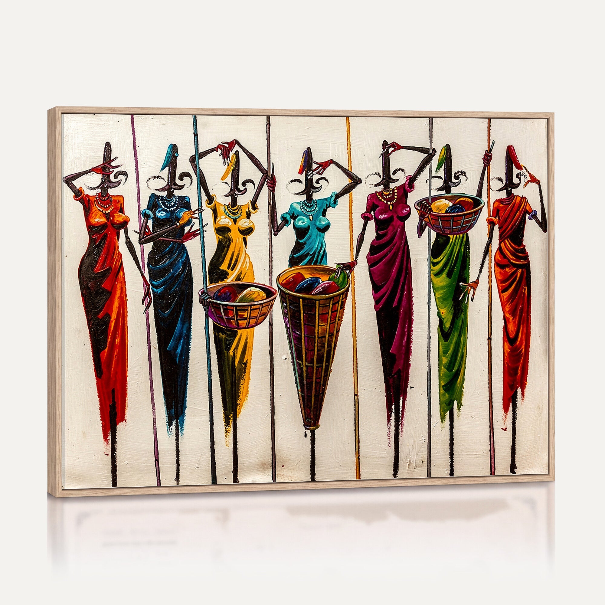 53545627-MGV-CV-36X24 - African Folk Art Canvas Wall Art, Colorful African Women Village Painting Print, Tribal Ethnic Home Decor, Vibrant African Art, Living Room
