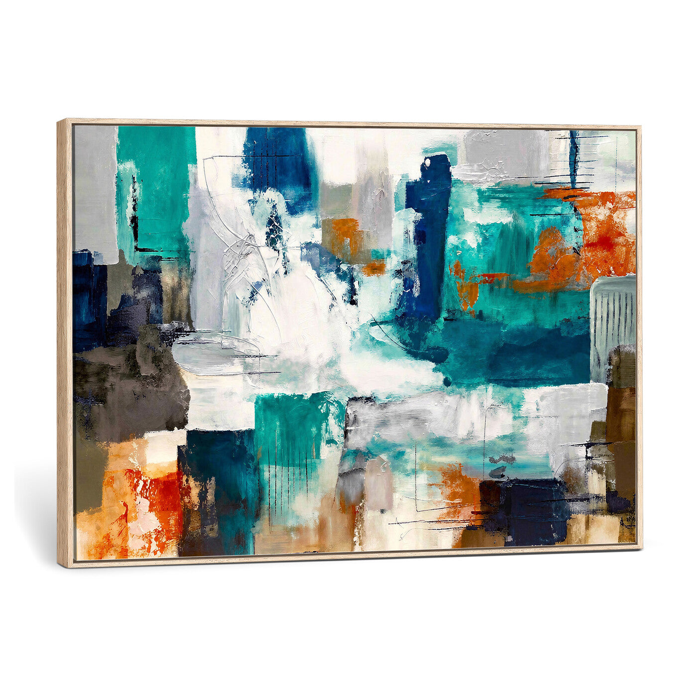 44038089-MGV-CV-36X24 - Blue Teal Abstract Canvas Wall Art, Modern Textured Painting Print, Navy Orange White Contemporary Art, Neutral Living Room Decor, Office Art