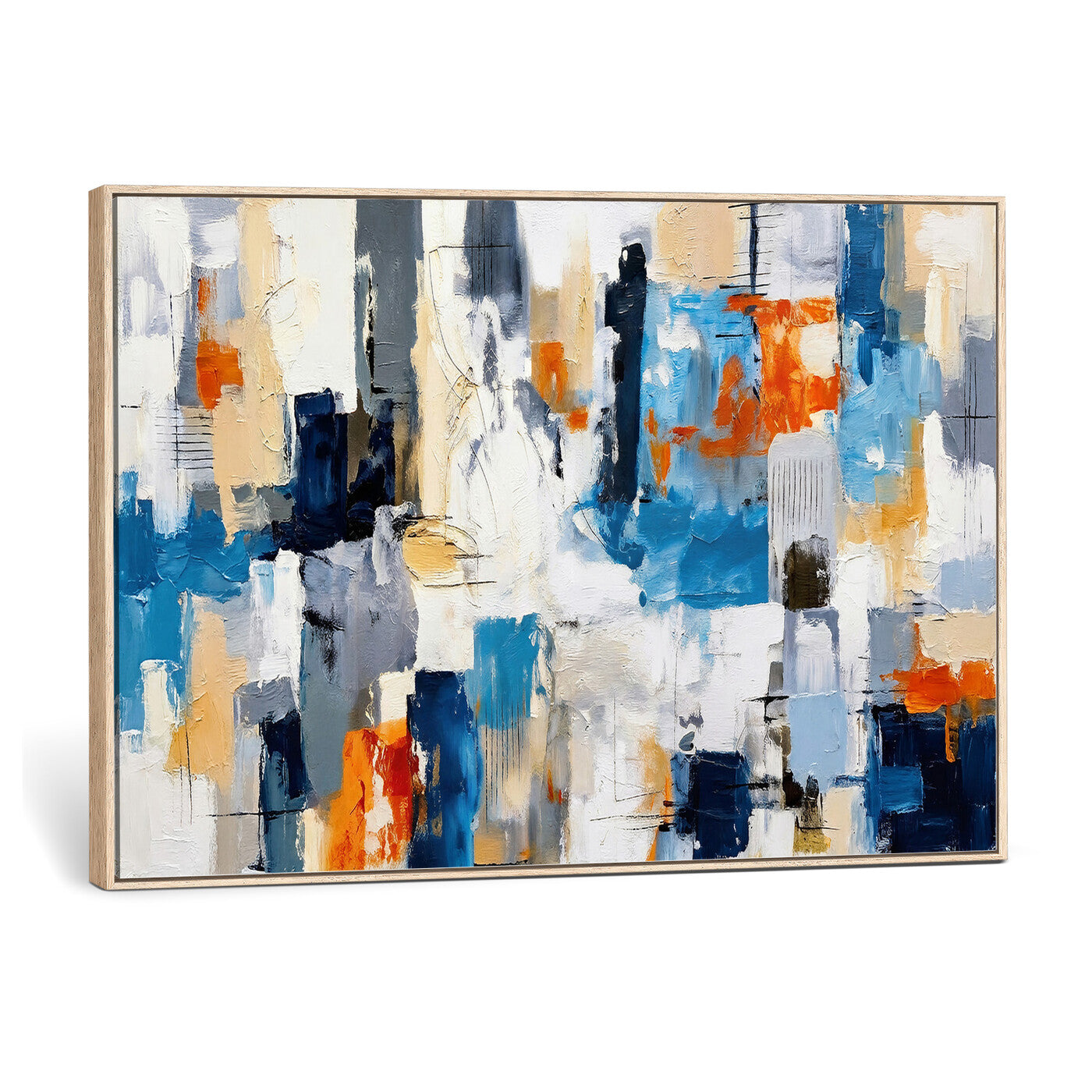 83915061-MGV-CV-36X24 - Blue Teal Abstract Canvas Wall Art, Modern Textured Painting Print, Navy Orange White Contemporary Art, Neutral Living Room Decor, Office Art