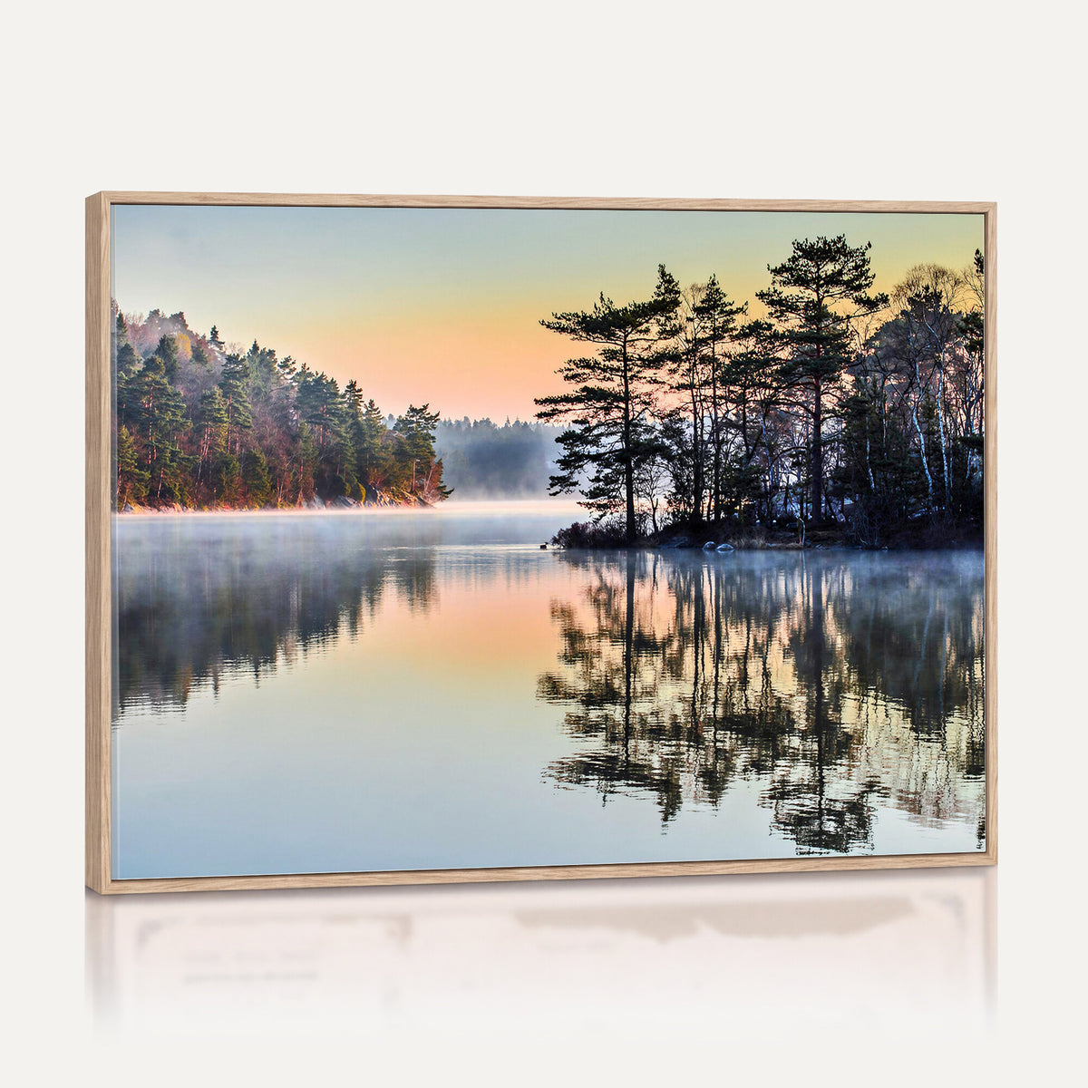 34236027-MGV-CV-36X24 - Before People Wake Canvas Wall Art Print, Misty Lake Sunrise Landscape, Forest Reflection Nature Decor, Ready to Hang