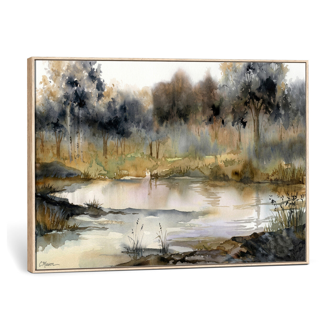 27383609-MGV-CV-36X24 - Abstract Watercolor Autumn Lake Canvas Wall Art Print - Misty Forest Landscape, Rustic Nature Painting, Cabin Wall Decor - Ready to Hang