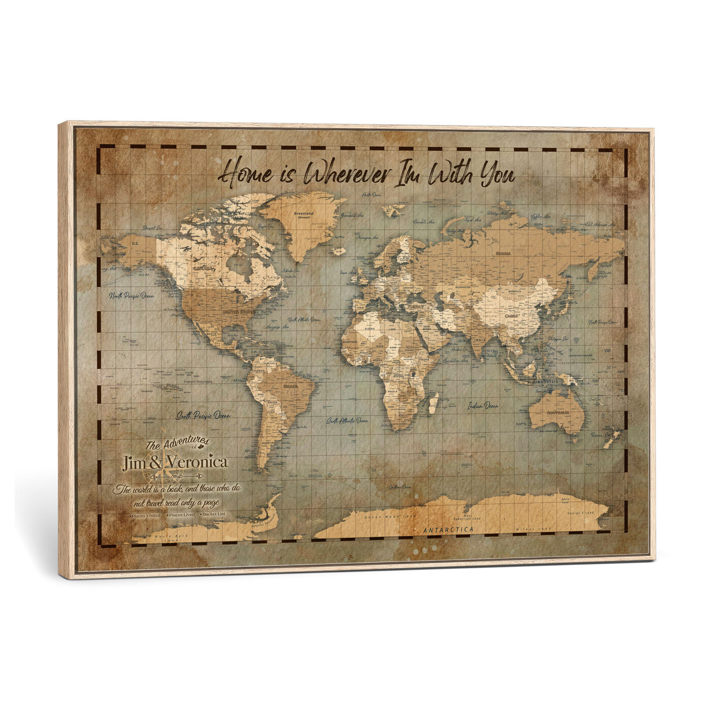 97123877-MGV-CV-36X24 - Vintage Custom Push Pin World Map Print - Vintage Travel Map Canvas, Personalized Names Anniversary Gift, Places Visited Pin Board