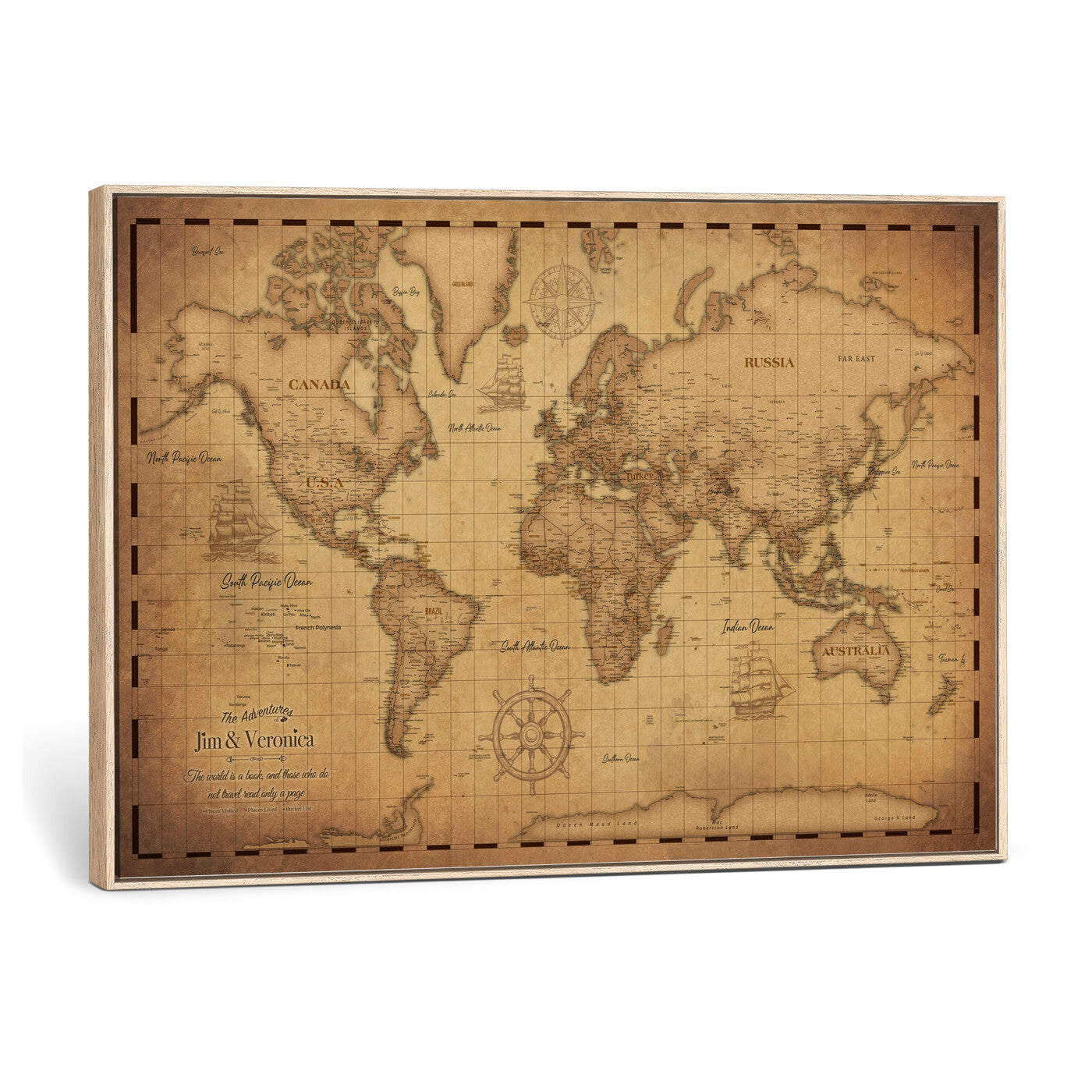 55328610-MGV-CV-36X24 - Personalize Push Pin World Map Wall Art Print - Vintage Travel Map Canvas, Custom Names Anniversary Gift, Places Visited Pin Board