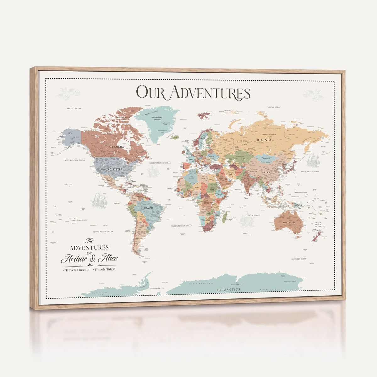 NEWMAP-4-MGV-CV-36X24 - Custom World Travel Map Wall Art with Pins, Places Visited Tracker, Family Room and Bedroom Decor