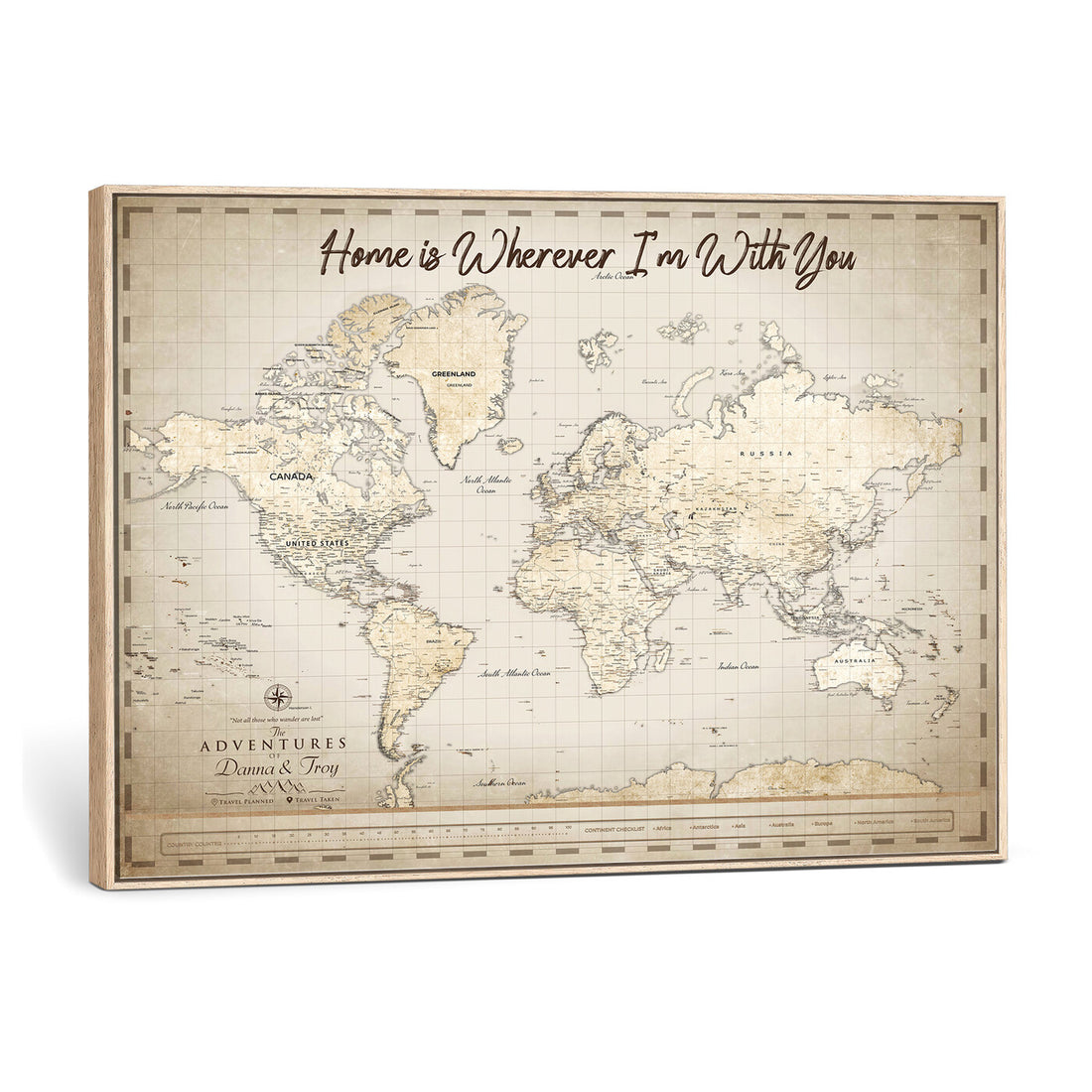 Custom Beige Push Pin Travel Map Canvas Print, Bucket List Map, Dining Room and Hallway Decor