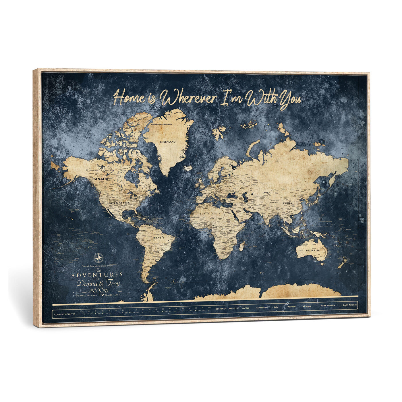 400867BL-MGV-CV-36X24 - Framed Blue Custom Push Pin World Map Canvas Print – Personalized Travel Map Wall Art
