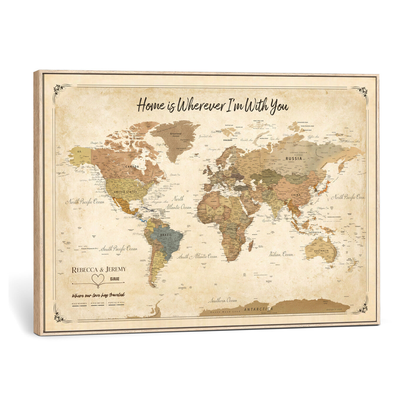 40086165-MGV-CV-36X24 - Framed Vintage Custom Push Pin World Map Canvas Print – Personalized Travel Map Wall Art
