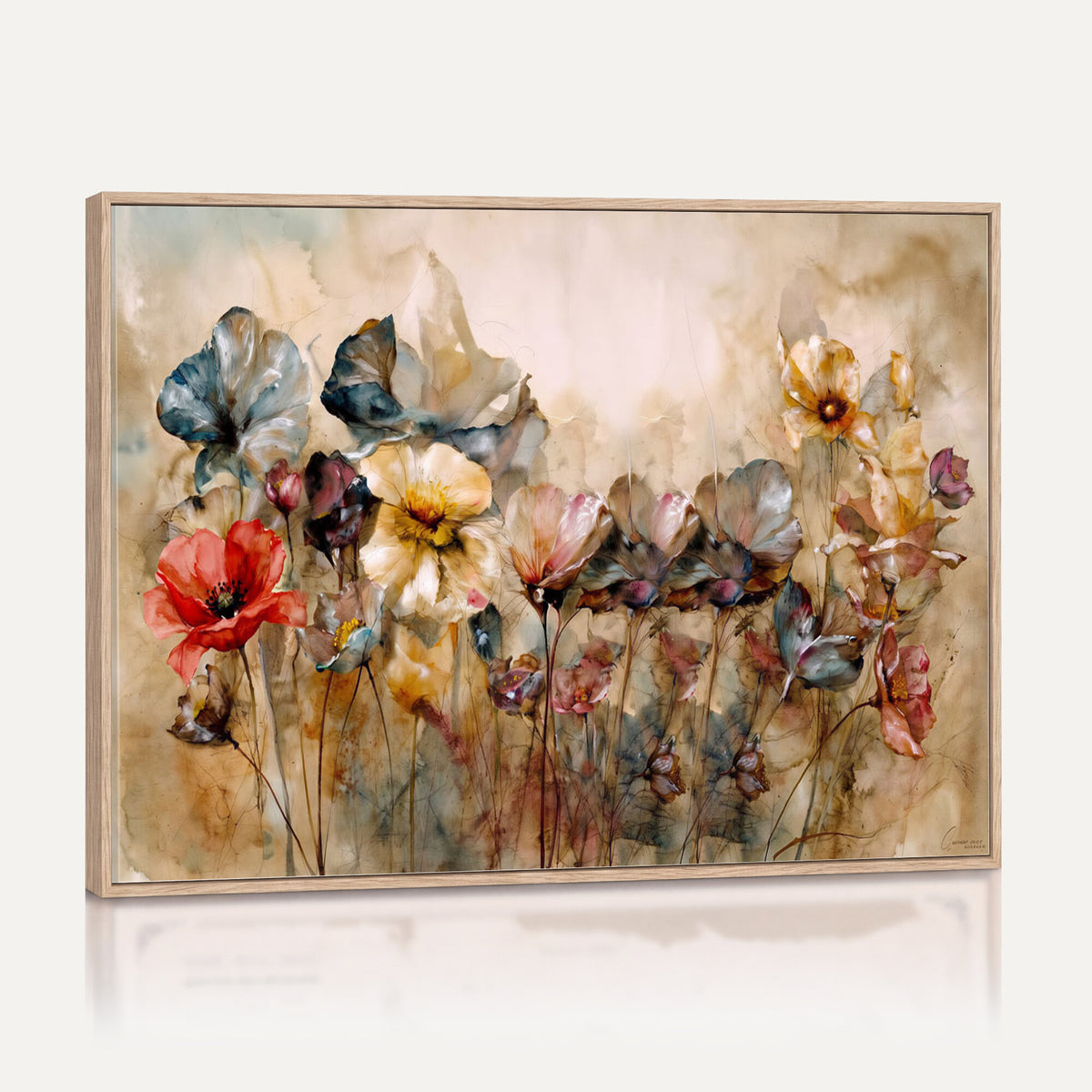 11407233-MGV-CV-36X24 - Vintage Dried Floral Meadow Wall Art Canvas Print, Translucent Watercolor Flowers Painting Print