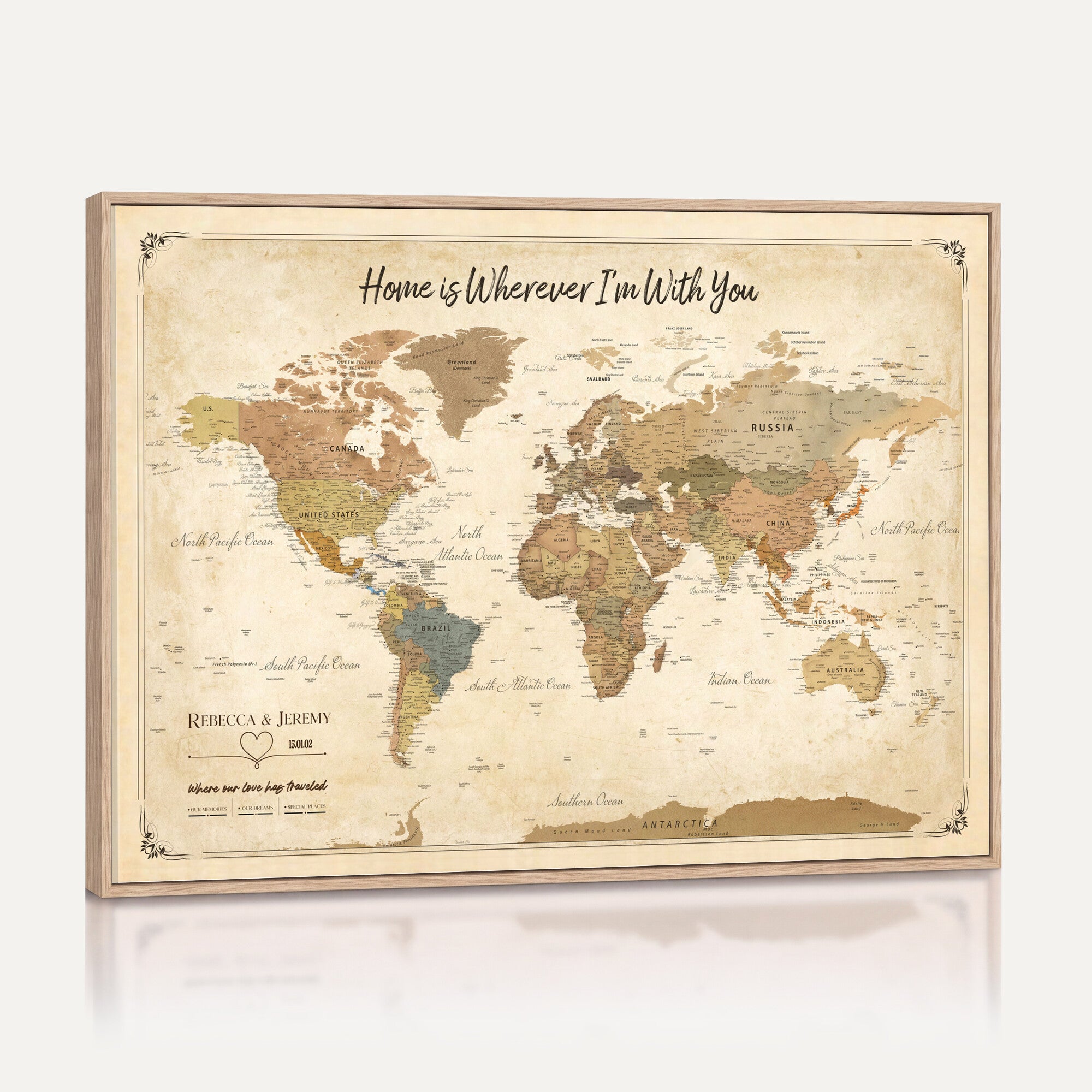 40086165SP-MGV-CV-36X24 - Custom Push Pin Travel Map Canvas Print, Cream Personalized Travel Tracker Map, Anniversary Gift, Vintage World Map Wall Art