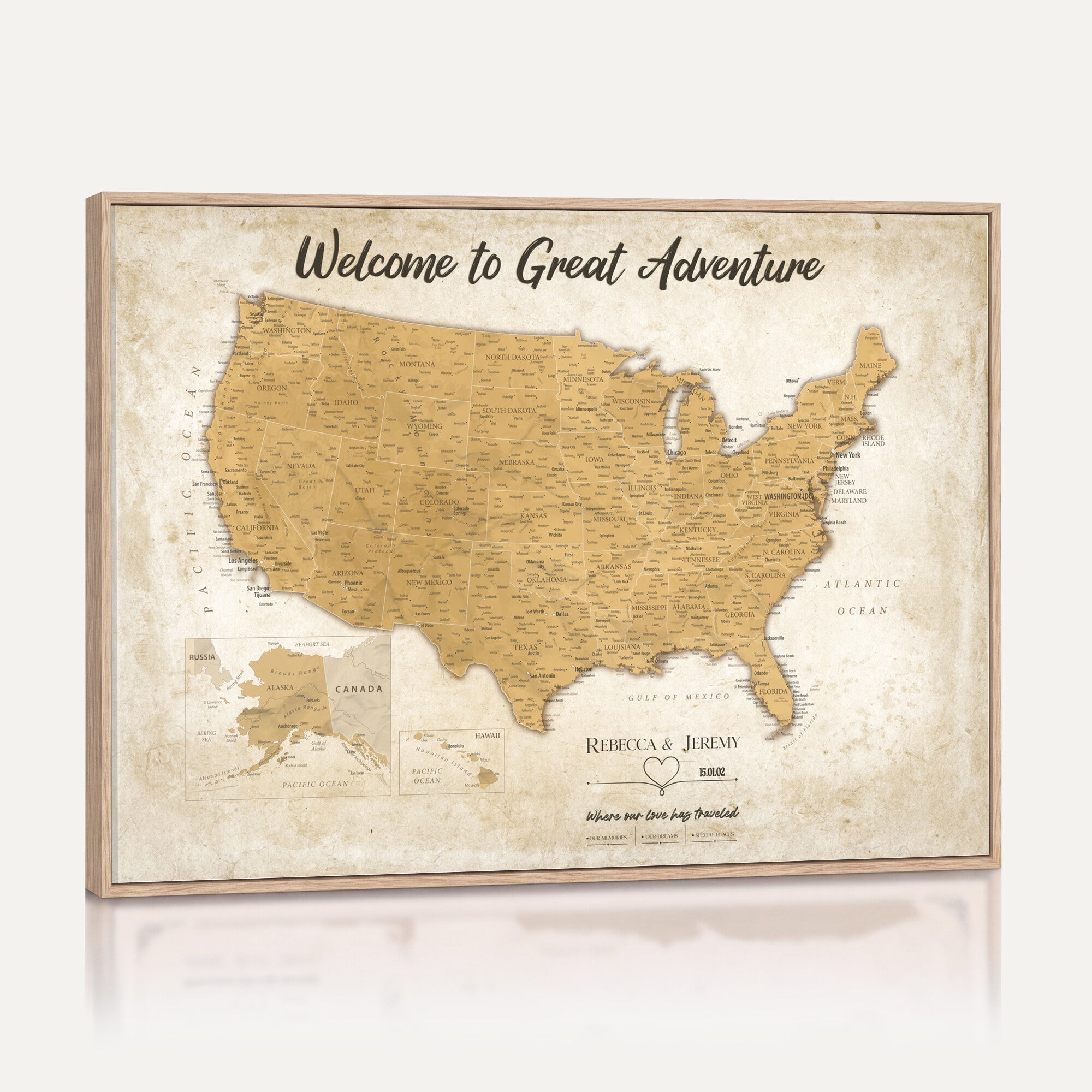 81437082-MGV-CV-36X24 - Custom Push Pin Travel USA Map Canvas Print, Cream Personalized Travel Tracker America Map, Anniversary Traveler Gift