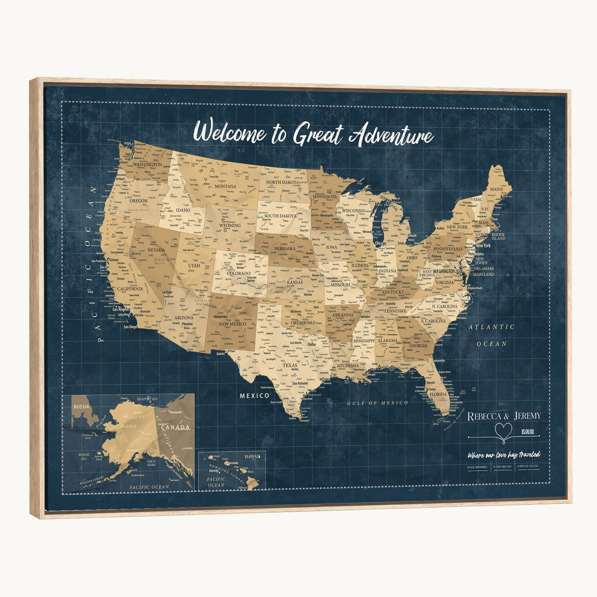58851035-MGV-CV-36X24 - Custom Cream Push Pin USA Map Canvas Print, 50 State Bucket List Map, Family Room and Hallway Decor