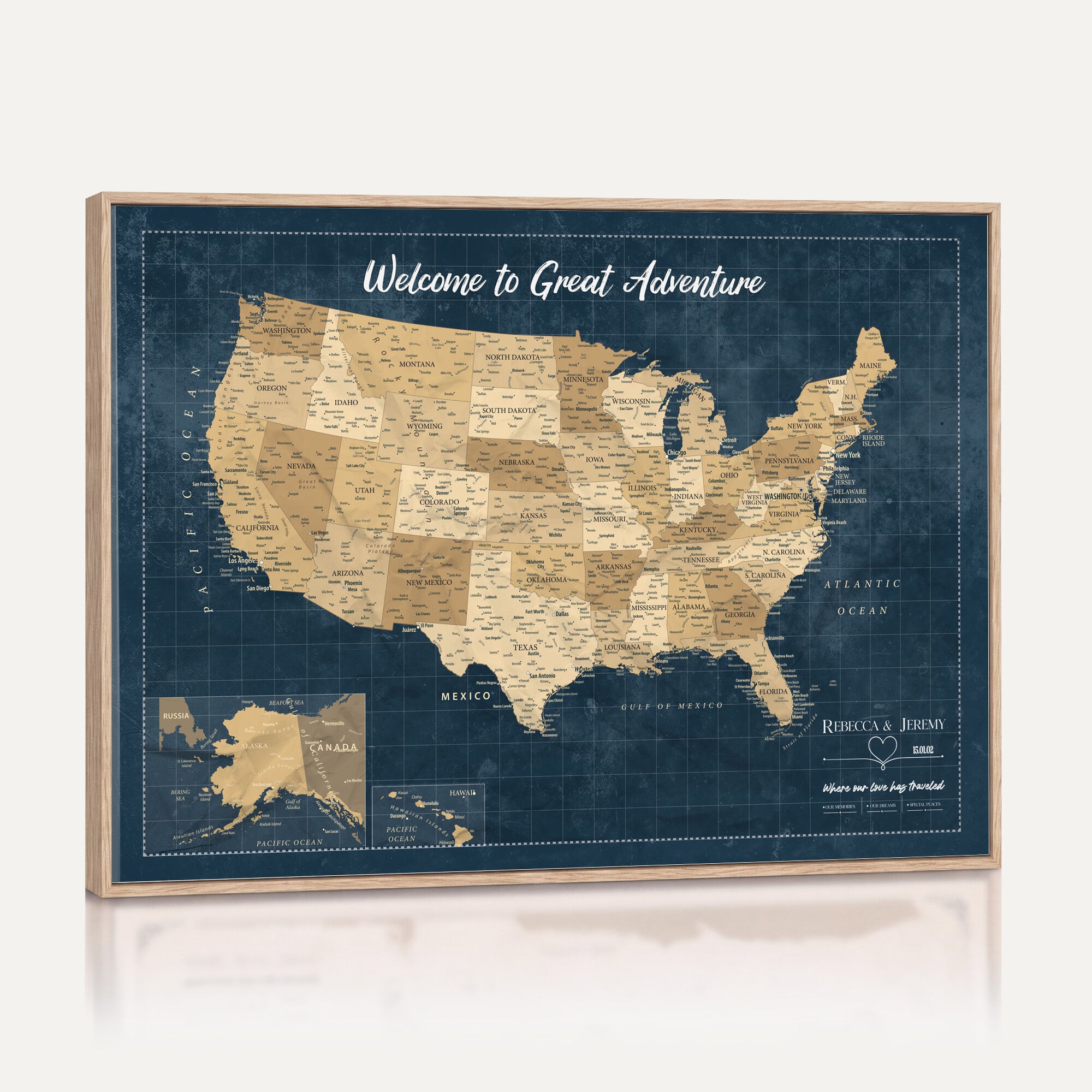 58851035-MGV-CV-36X24 - Custom Push Pin Travel USA Map Canvas Print, Cream Personalized Travel Tracker America Map, Anniversary Traveler Gift