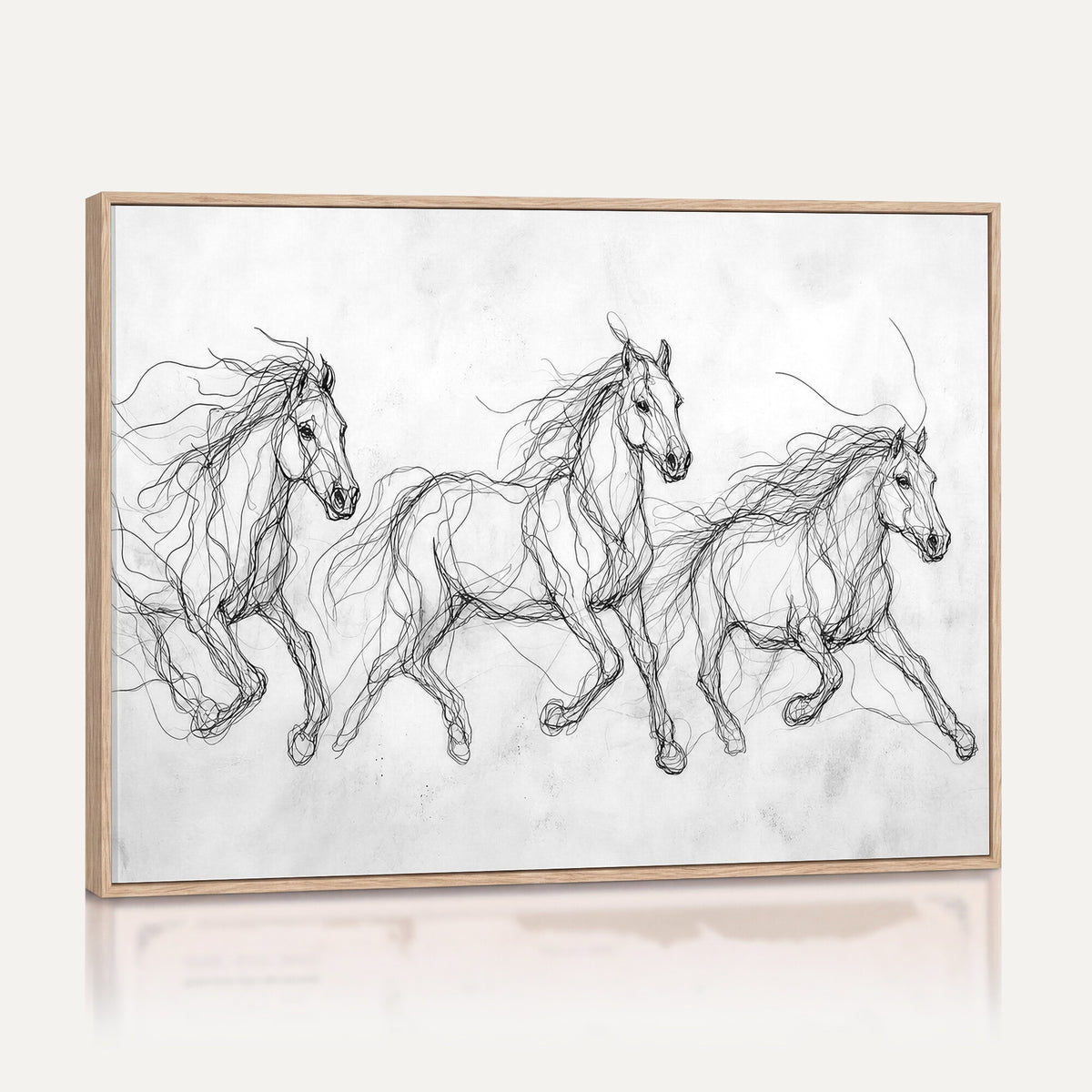 53600119-MGV-CV-36X24 - Monochrome Horse Canvas Wall Art, Black Ink Sketch Wild Horses Print, Minimalist Equestrian Artwork, Modern Abstract Line Decor, Urban Loft Gift