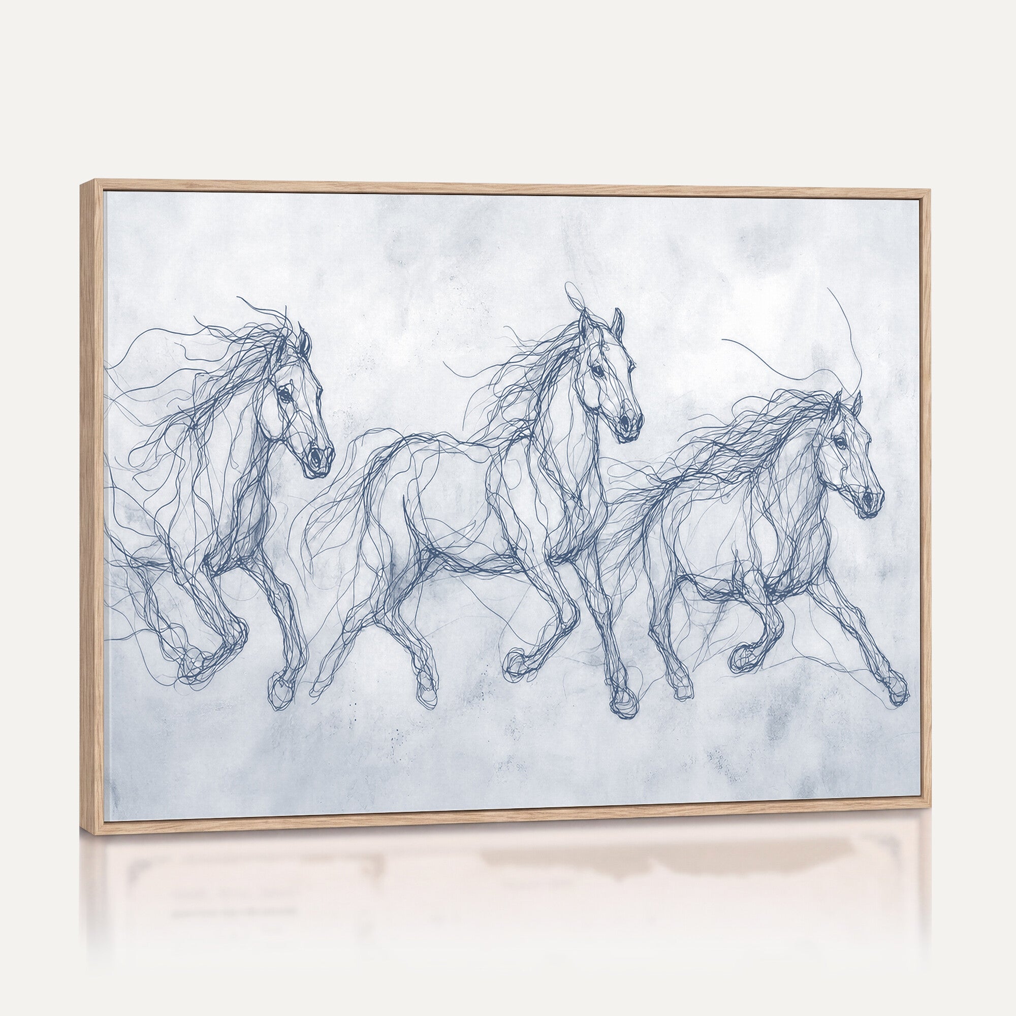 41163601-MGV-CV-36X24 - Indigo Blue Horse Line Art Canvas, Steel Grey Wild Horses Print, Abstract Navy Scribble Artwork, Modern Slate Equine Wall Decor, Coastal Ranch Gift