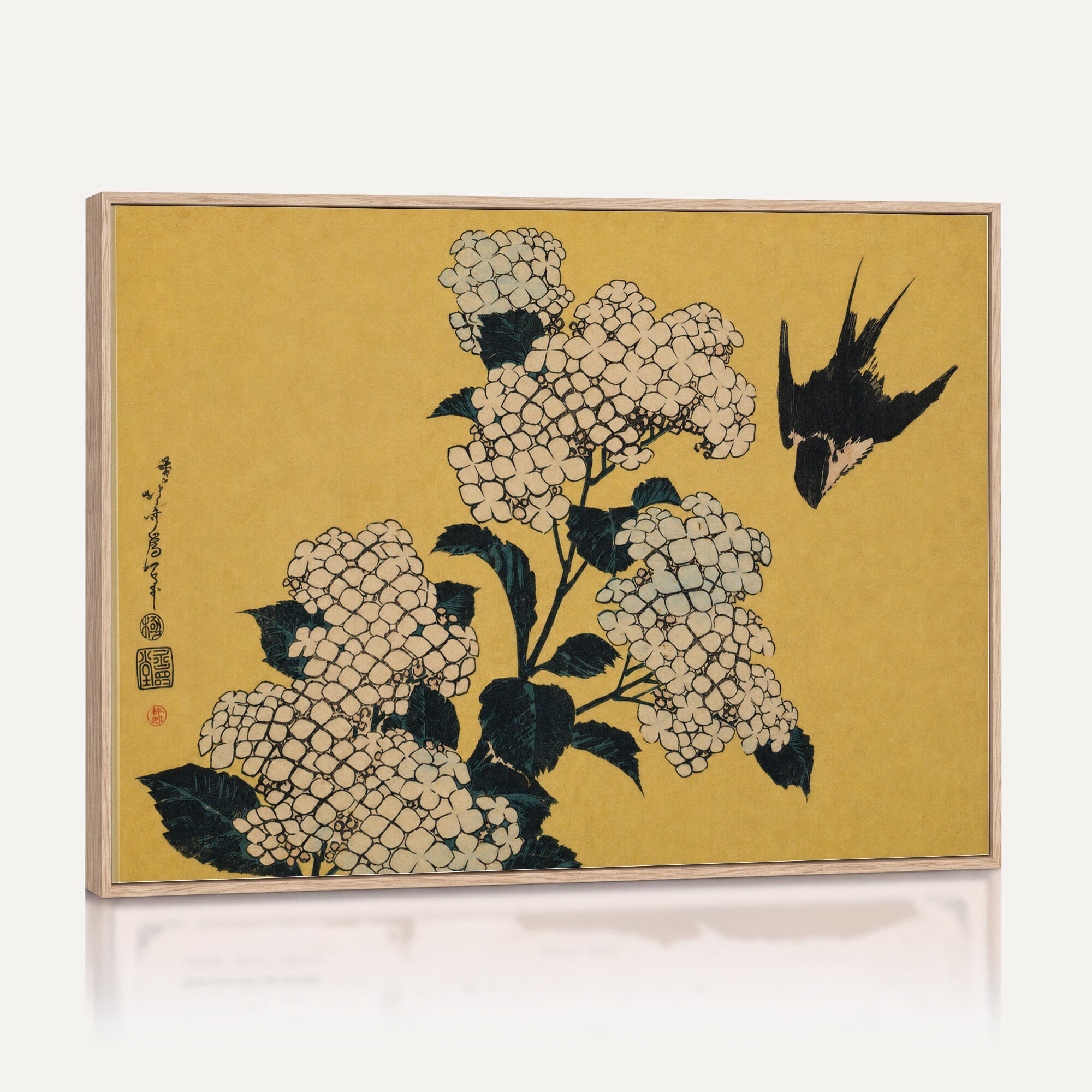 92483501-MGV-CV-36X24 - Katsushika Hokusai Hydrangea and Swallow Wall Art Canvas Print, Japanese Woodblock Painting Print