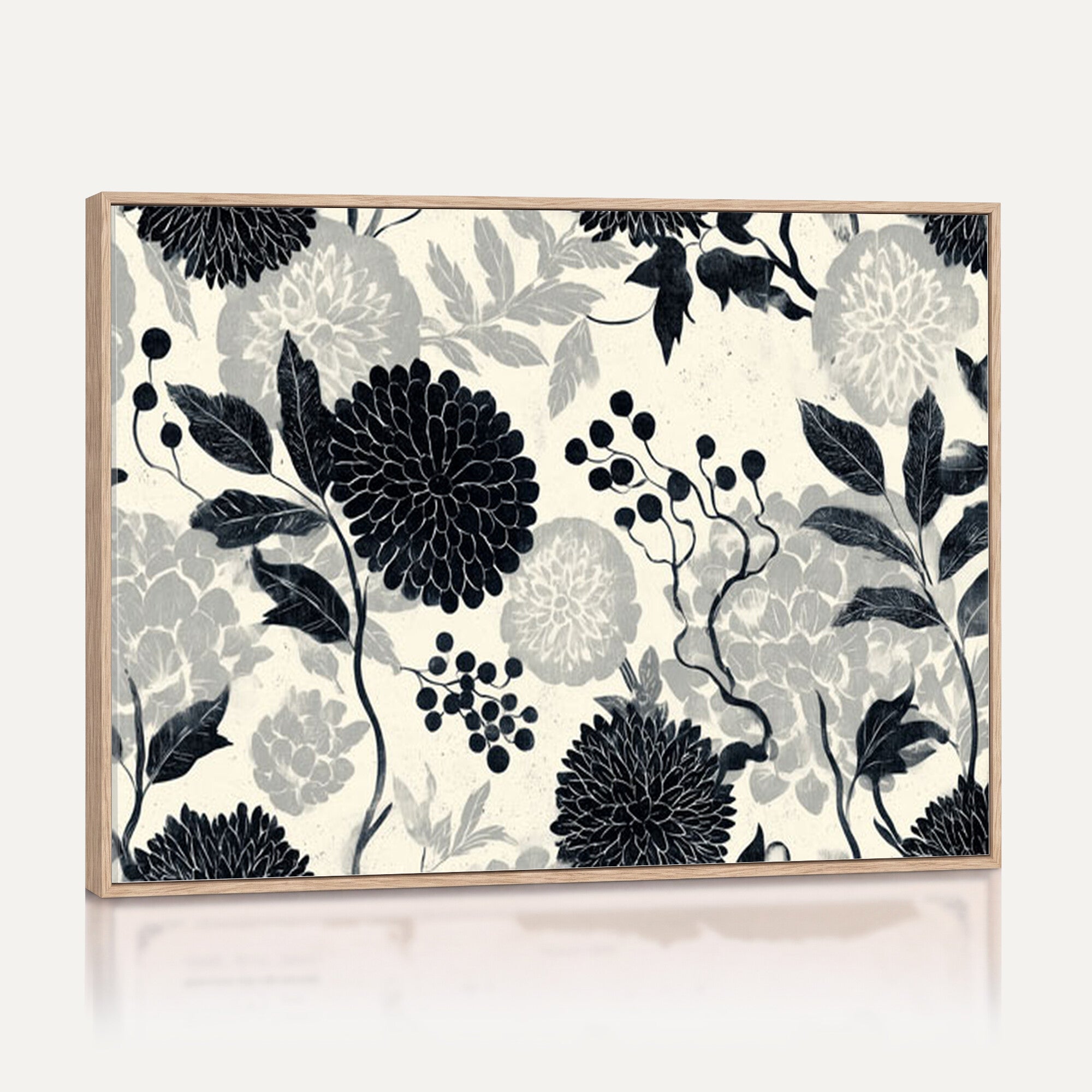 61524791-MGV-CV-36X24 - Vintage Black Chrysanthemum Wall Art Canvas Print, Monochrome Dhalia Floral Painting Print