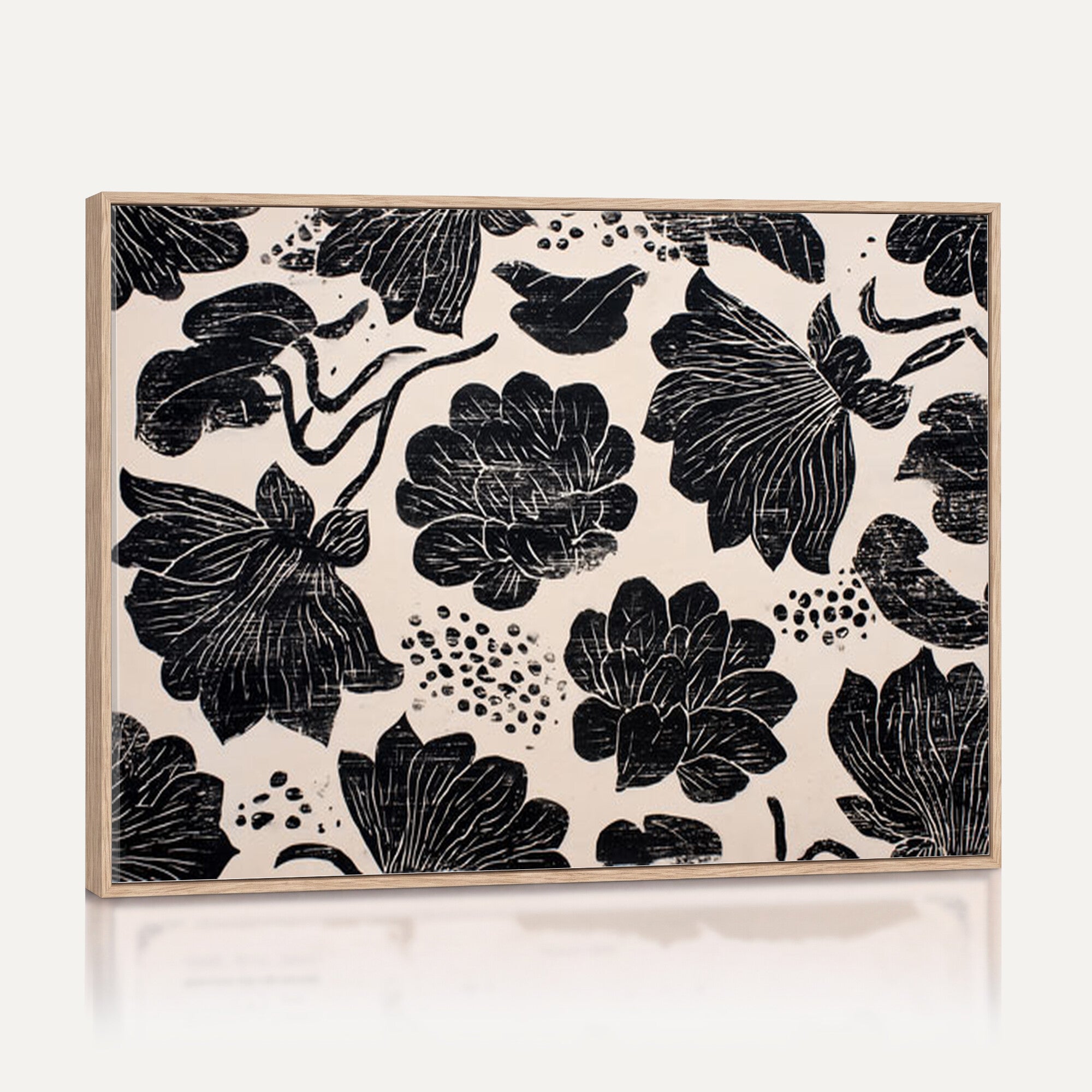 81787117-MGV-CV-36X24 - Linocut Black Lotus Floral Wall Art Canvas Print, Vintage Monochrome Botanical Painting Print