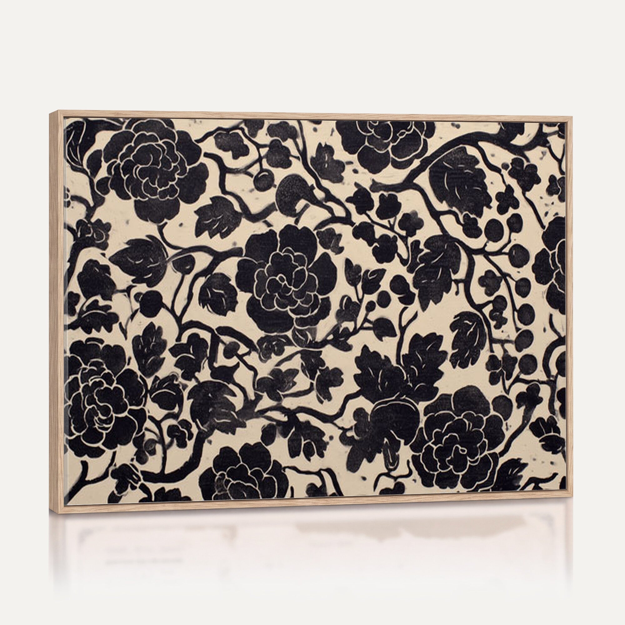 86696255-MGV-CV-36X24 - Vintage Black and Cream Floral Wall Art Canvas Print, Chinoiserie Botanical Painting Print