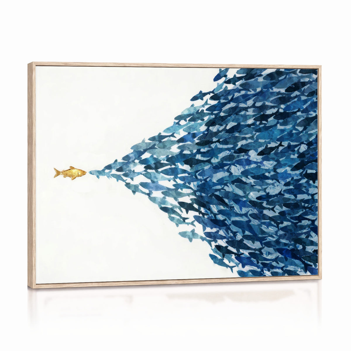 79089639-MGV-CV-36X24 - Abstract Blue Fish School Canvas Wall Art, Gold Foil Accent Marine Print