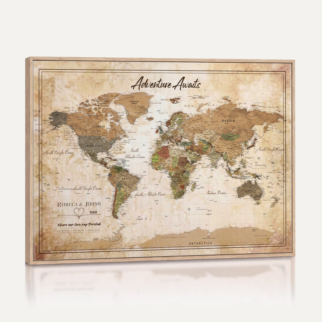 Custom Beige Push Pin World Map Canvas Print, Personalized Wedding Gift for Couples
