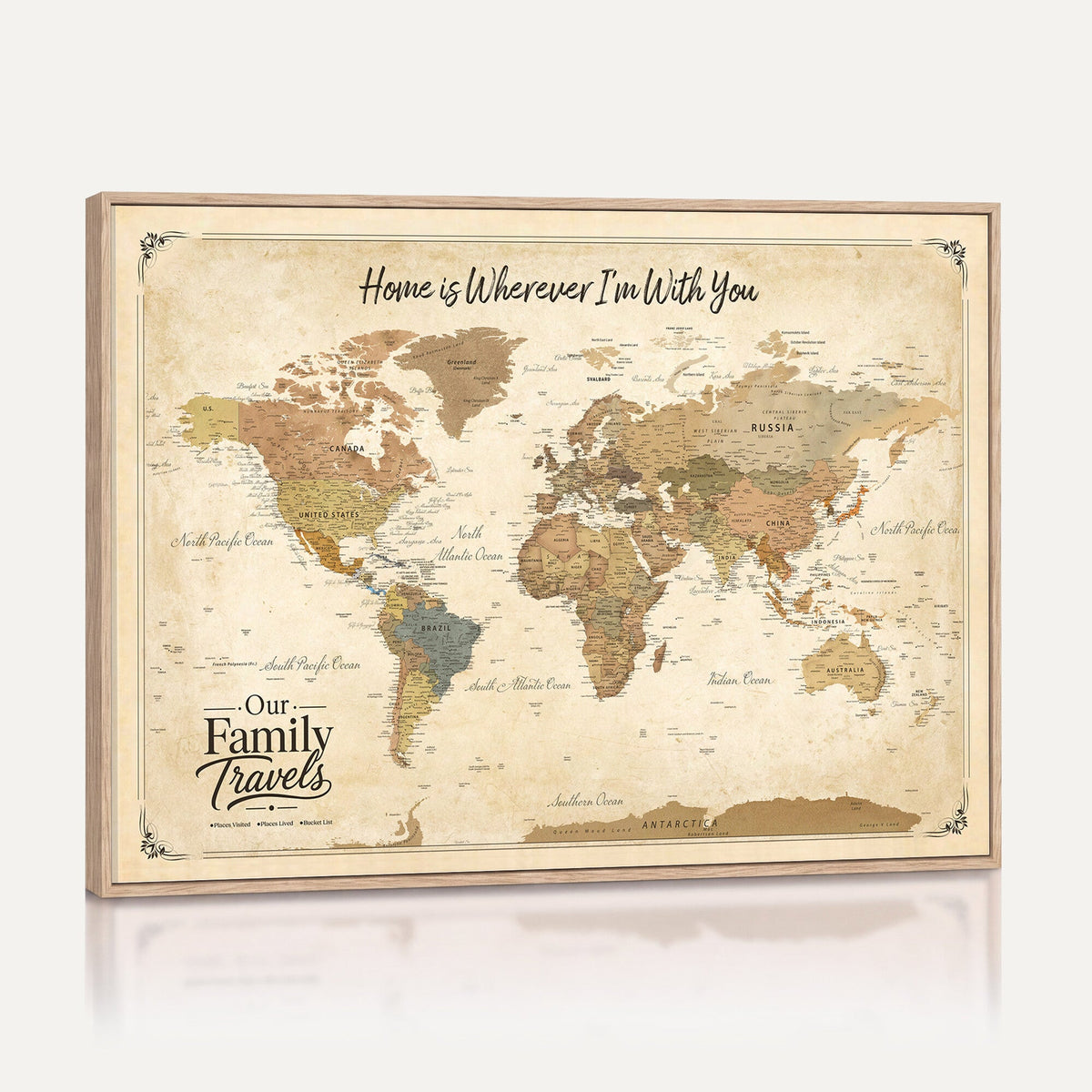 94272126-MGV-CV-36X24 - Our Family Adventures Push Pin World Map Wall Art Canvas Print - Family Travel Tracker Map with Pins