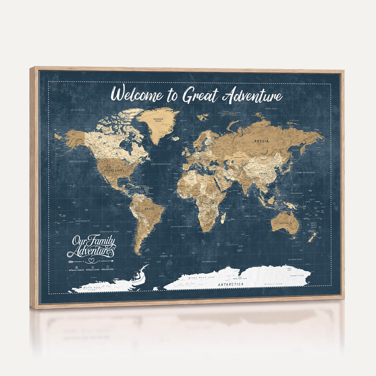 86877844-MGV-CV-36X24 - Our Family Adventures Push Pin World Map Wall Art Canvas Print - Family Travel Tracker Map with Pins