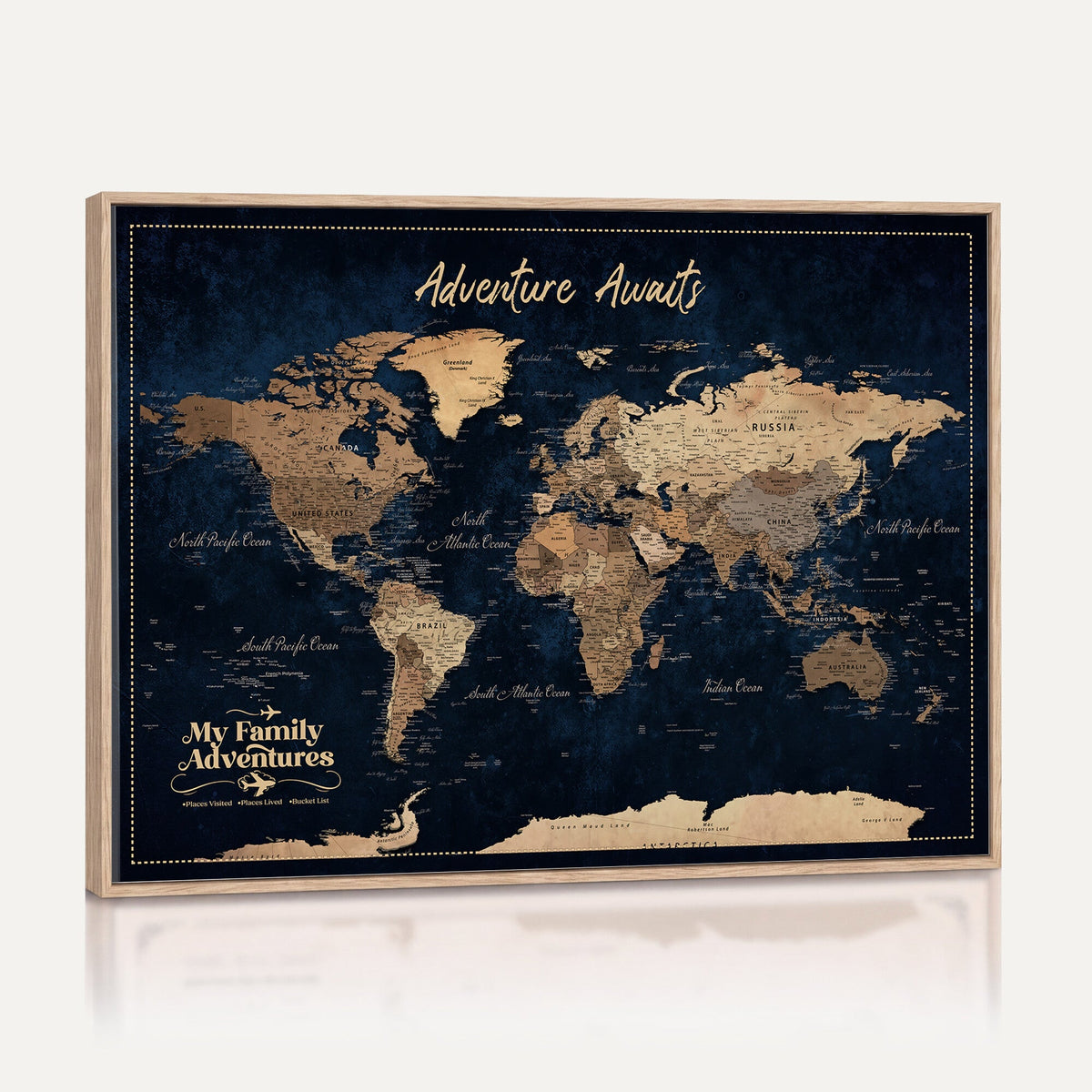82827666-MGV-CV-36X24 - Our Family Adventures Push Pin World Map Wall Art Canvas Print - Family Travel Tracker Map with Pins