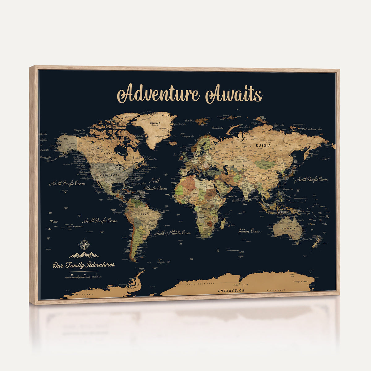 88994085-MGV-CV-36X24 - Our Family Adventures Push Pin World Map Wall Art Canvas Print - Family Travel Tracker Map with Pins