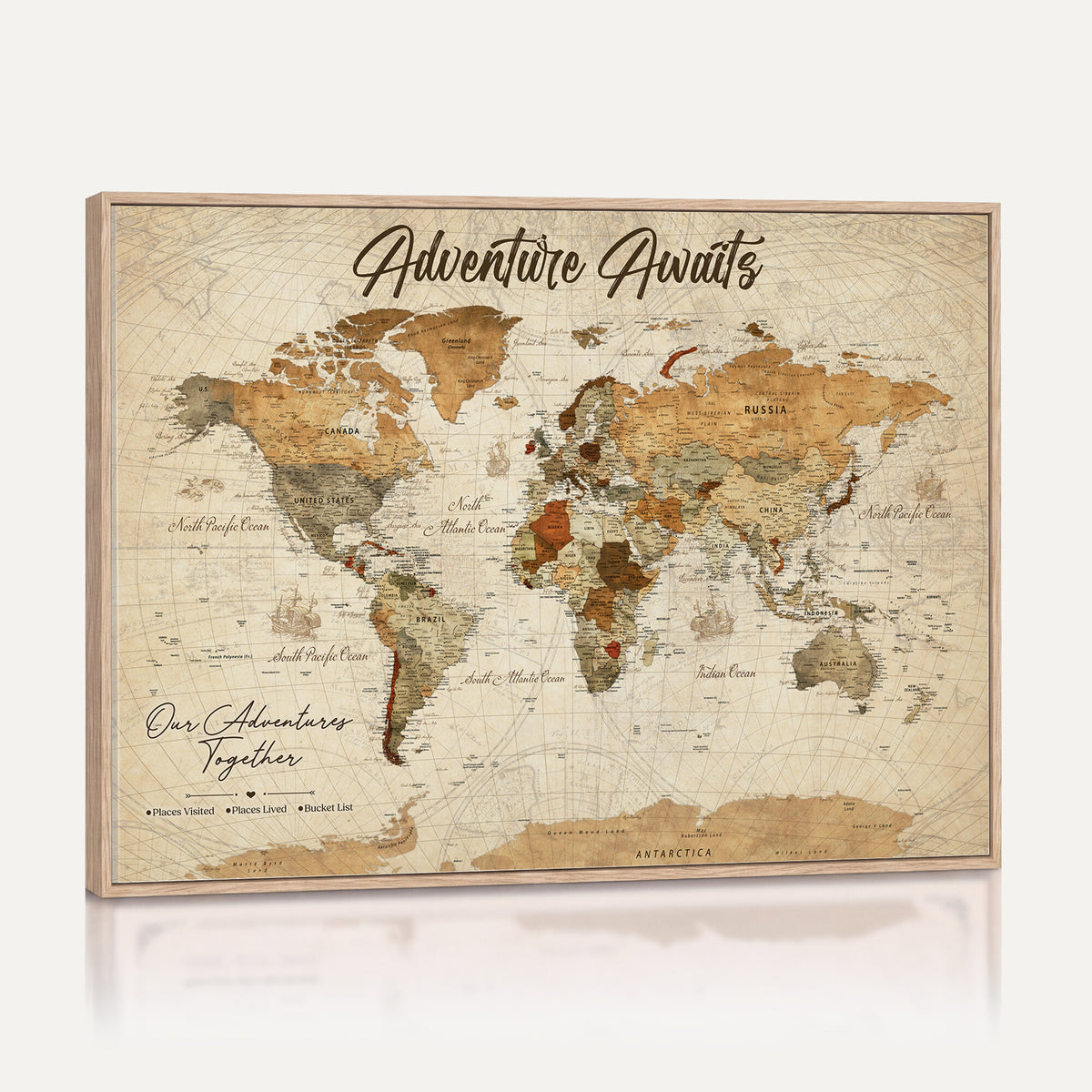 94237870-MGV-CV-36X24 - Our Family Adventures Push Pin World Map Wall Art Canvas Print - Family Travel Tracker Map with Pins