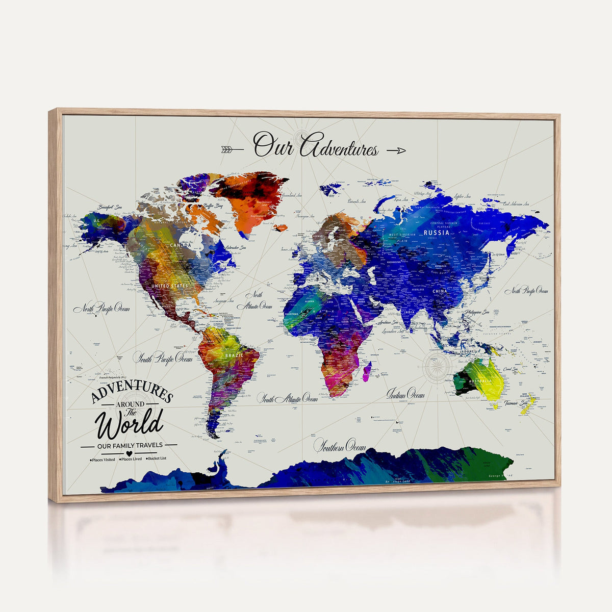 88162438-MGV-CV-36X24 - Our Family Adventures Push Pin World Map Wall Art Canvas Print | Family Travel Tracker Map with Pins
