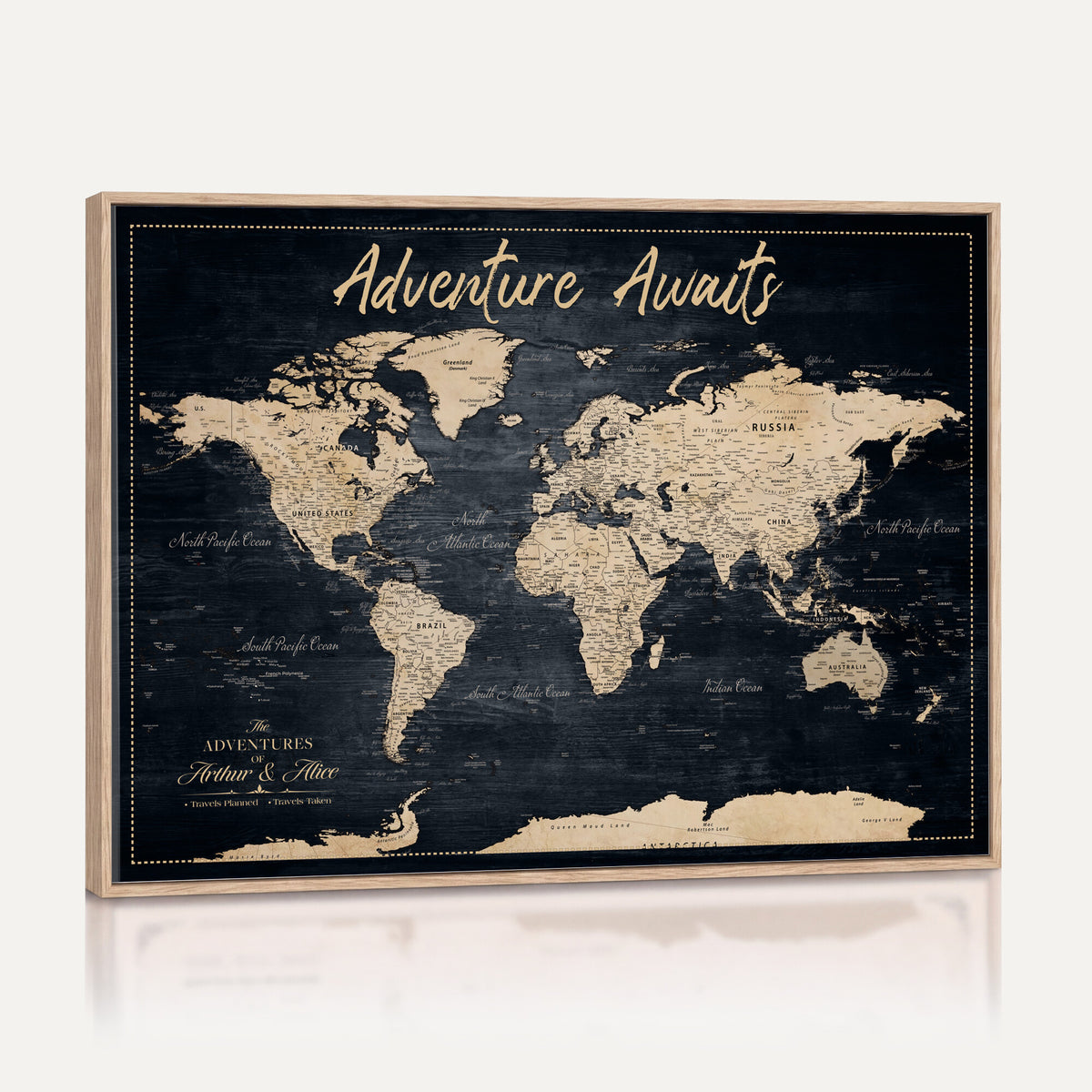 688173822-MGV-CV-36X24 - Extra Large Vintage Personalized Push Pin World Map Wall Art Canvas Print