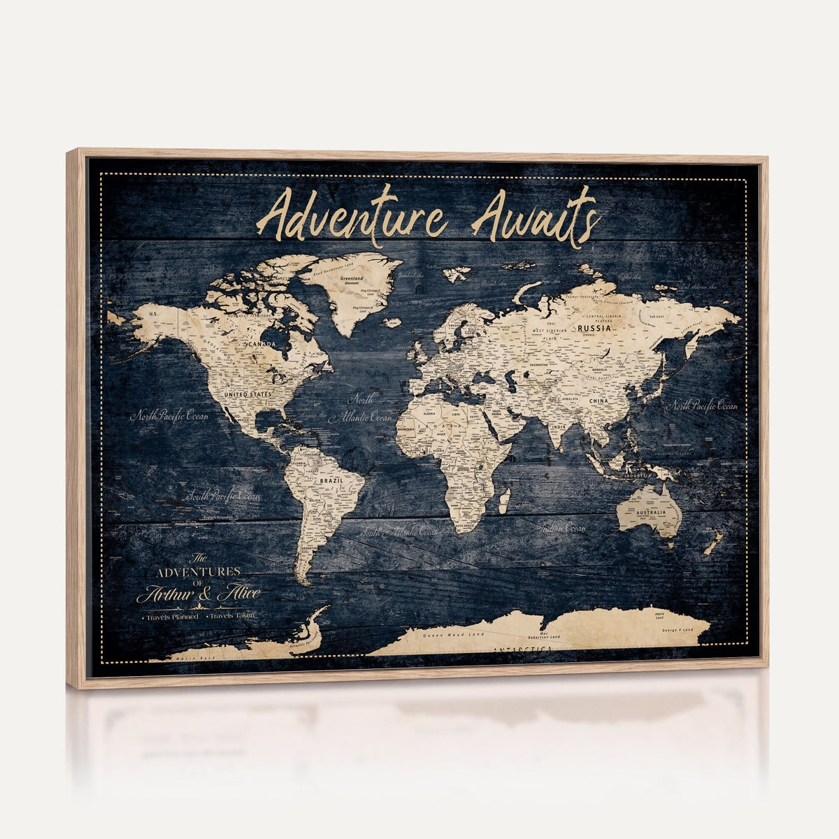 68817382-MGV-CV-36X24 - Extra Large Vintage Personalized Push Pin World Map Wall Art Canvas Print