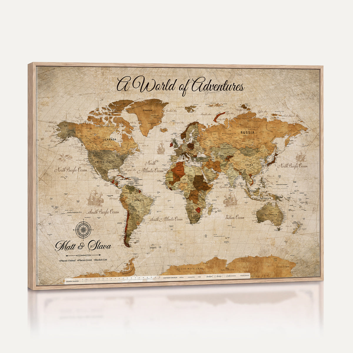 88768647-MGV-CV-36X24 - Extra Large Framed Personalize Push Pin World Map Wall Art Canvas Print for Travel Tracking
