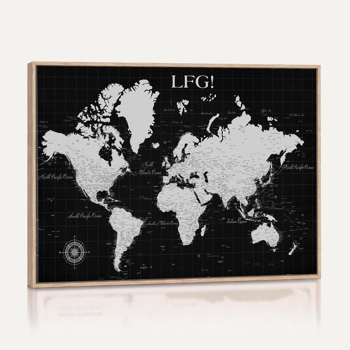 68209291-MGV-CV-36X24 - Extra Large Framed Personalize Push Pin World Map Wall Art Canvas Print for Travel Tracking