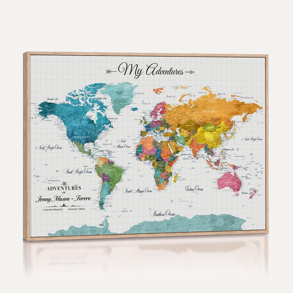 66743043-MGV-CV-36X24 - Extra Large Framed Personalize Push Pin World Map Wall Art Canvas Print for Travel Tracking