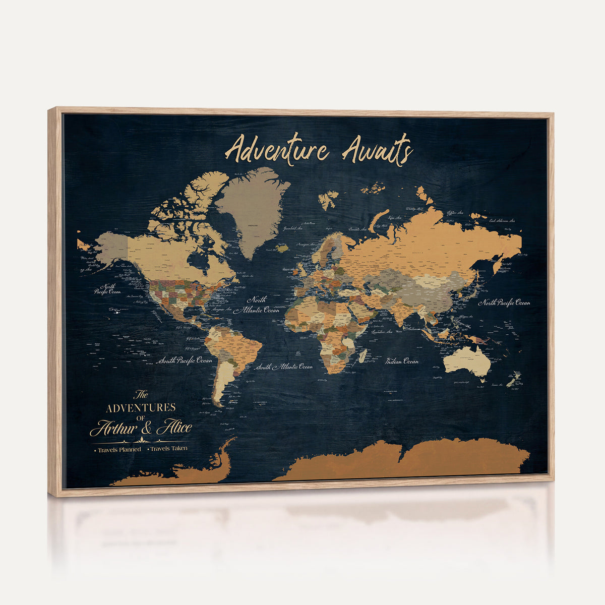 13350960-MGV-CV-36X24 - Extra Large Framed Personalize Push Pin World Map Wall Art Canvas Print for Travel Tracking