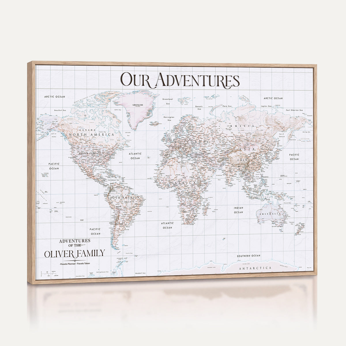 18074626D3DD-MGV-CV-36X24 - Extra Large Framed Personalize Push Pin World Map Wall Art Canvas Print for Travel Tracking NEWMAP - 015