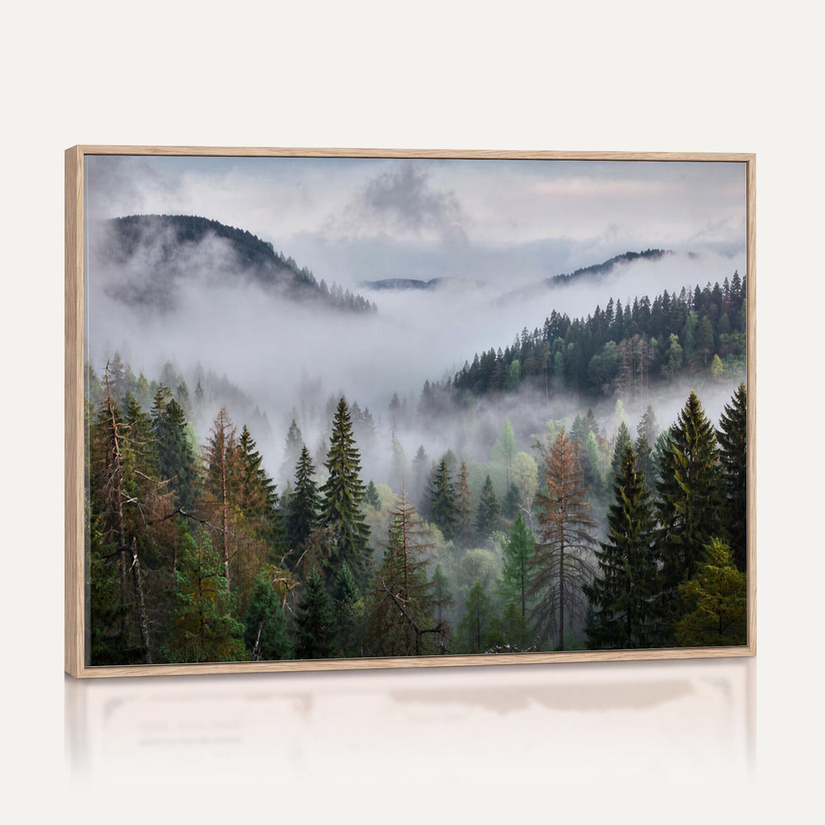 18735847-_Poster-30x20 - Foggy Pine Forest Mountain Canvas Print 3 Piece Framed Wall Art Extra Large Floating Frame Nature Poster Made in USA