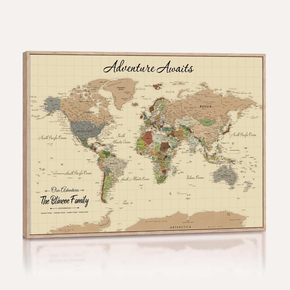 Personalized Beige World Map Canvas with Push Pins, Family Travel Tracker, Living Room and Entryway Decor