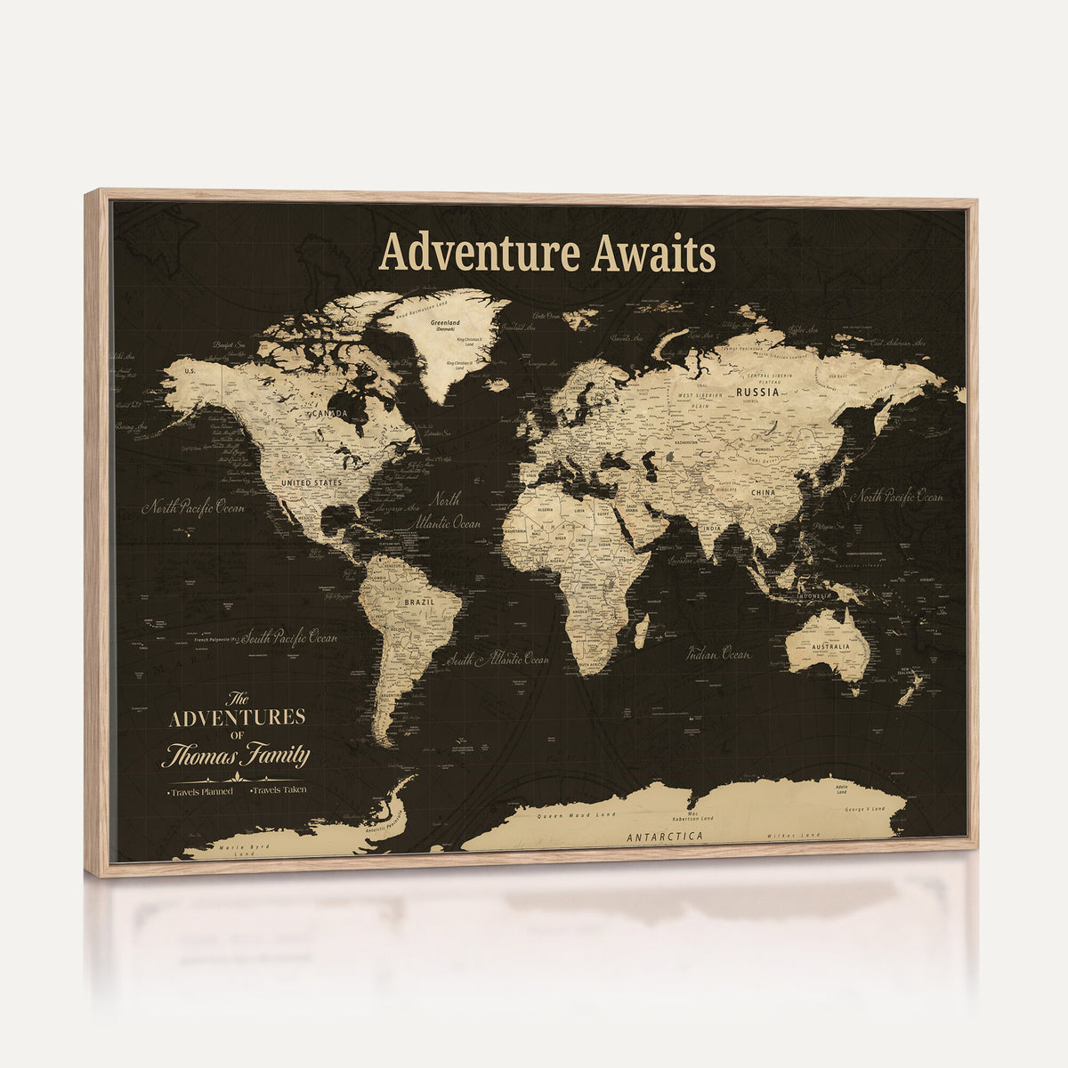 47597338D-MGV-CV-36X24 - Custom Push Pin World Map Wall Art Canvas Print | Personalized Travel Tracker with Pins Framed Large for Home and Office Decor