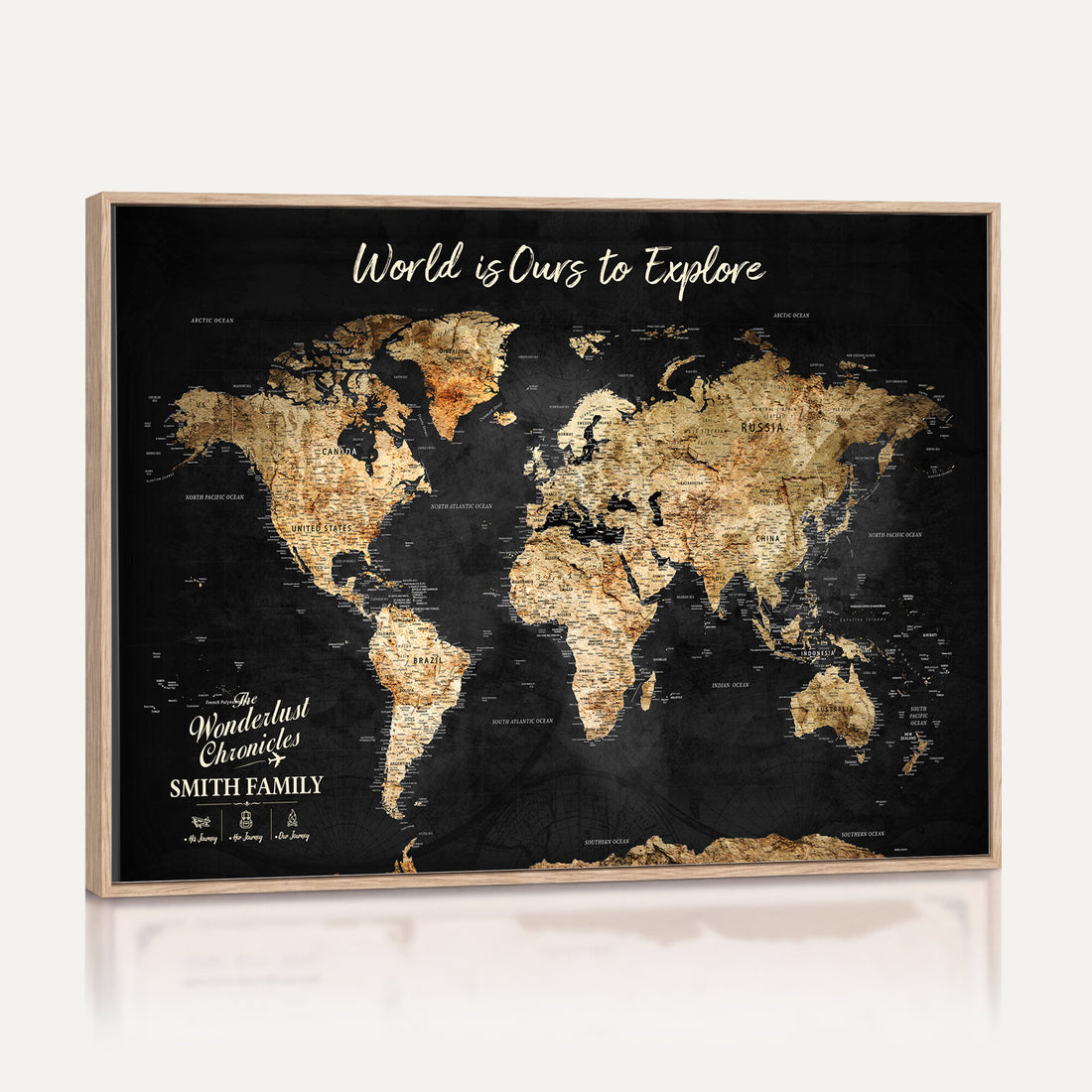Personalized Beige Push Pin Travel Map Canvas Print, Family Travel Tracker, Bedroom and Entryway Decor