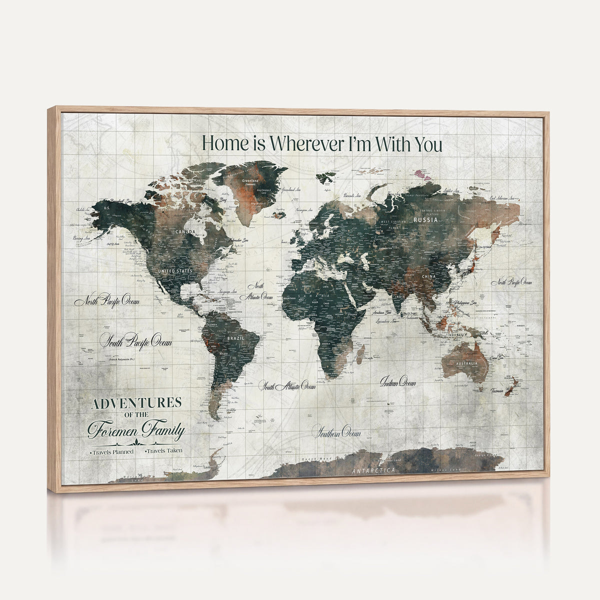98050124D-MGV-CV-36X24 - Custom Push Pin World Map Wall Art Canvas Print | Personalized Travel Tracker with Pins Framed Large for Home and Office Decor