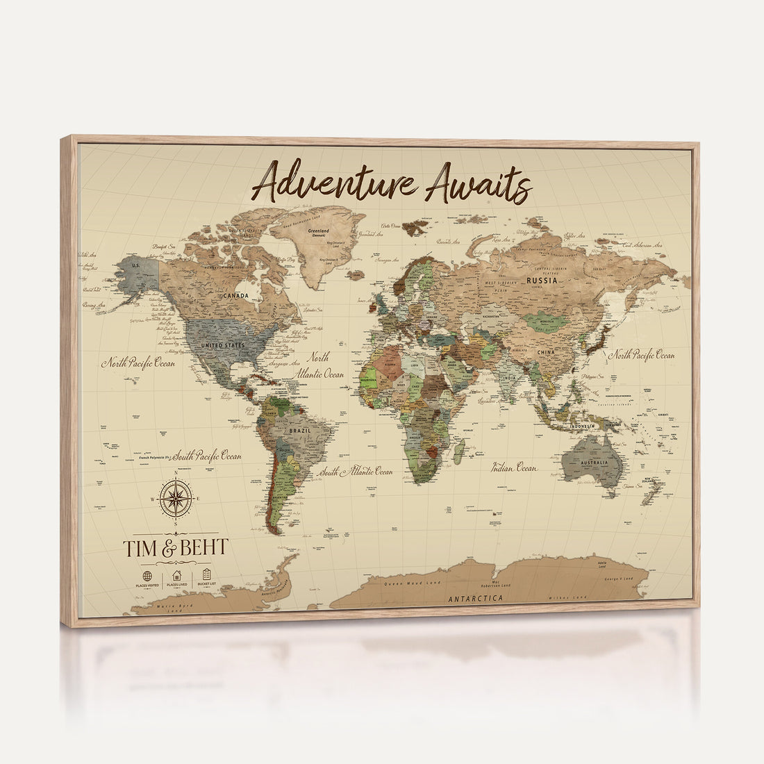 Personalized Beige Push Pin Travel Map Canvas Print, Couples Countries Visited Map, Living Room and Study Decor