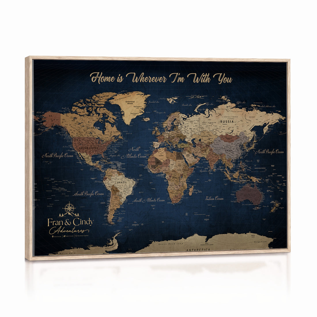 Custom Framed Deep Blue Geometric Push Pin World Map Wall Art, Next Trip Planner Map, Family Room and Hallway Decor