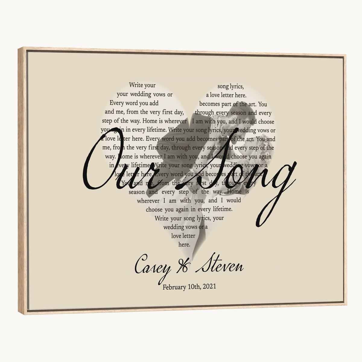 CSTM911D-MGV-CV-36X24 - Lyrics Heart Canvas Print – Personalized Song Lyrics in a Heart Shape Wall Art