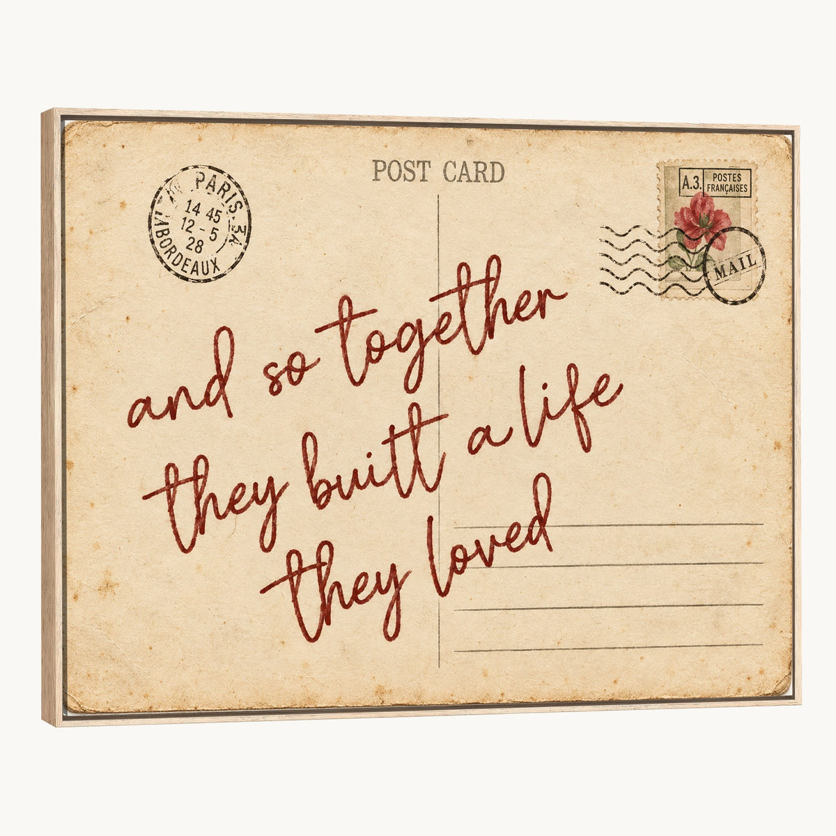 Personalized vintage postcard canvas with custom love note, in a cream and blush interior
