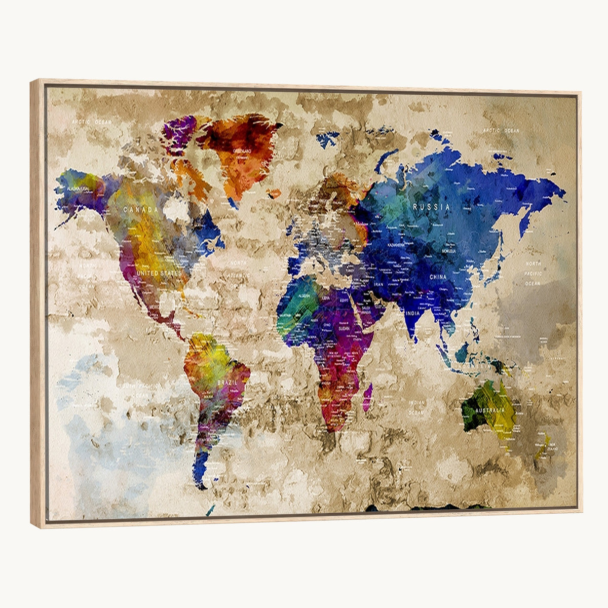 Colorful World Map Canvas Wall Art | Abstract Watercolor Map Print