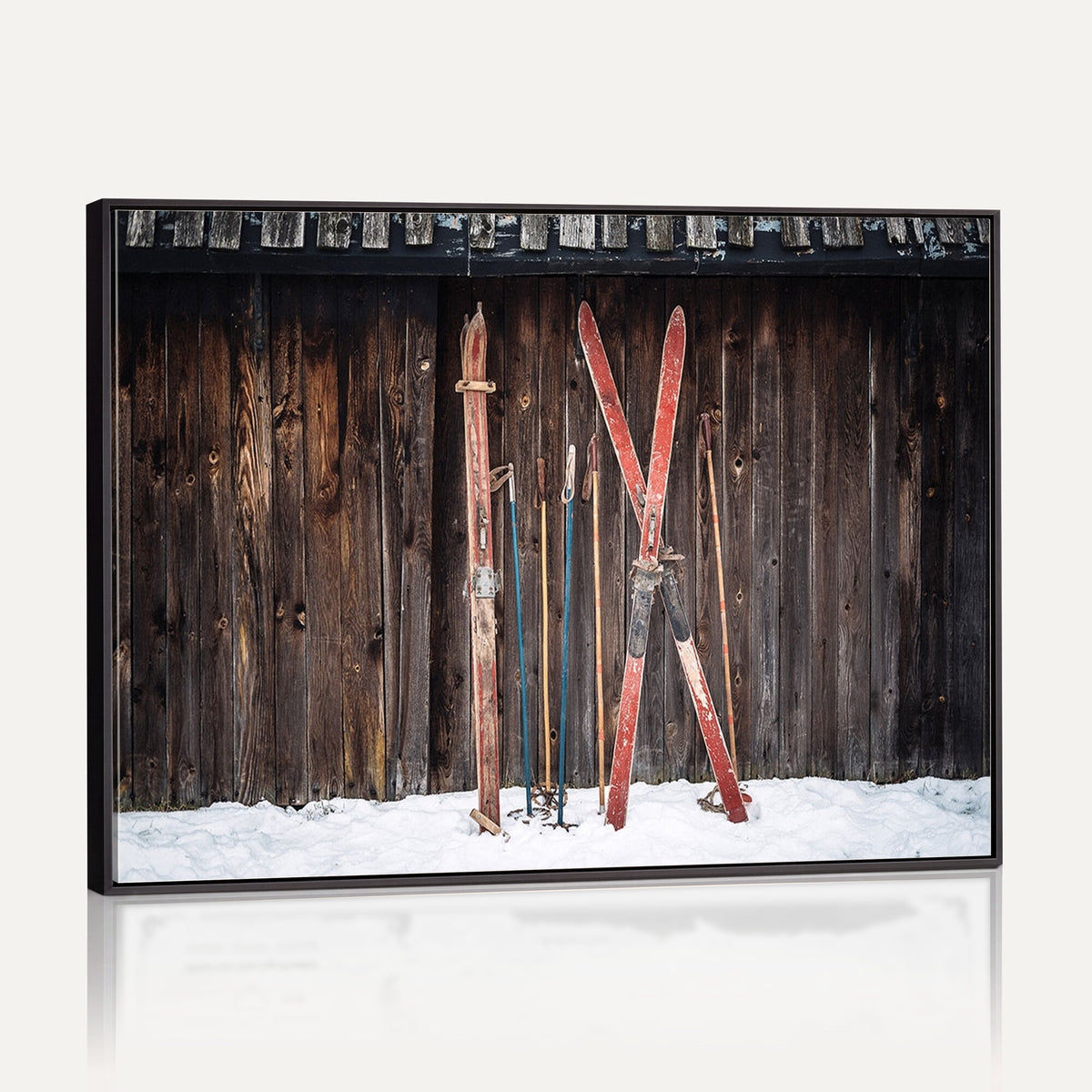78590-MGV-CV-36X24 - Vintage Ski Gear Canvas Print, Vintage Ski Gear Against Wooden Cabin Wall