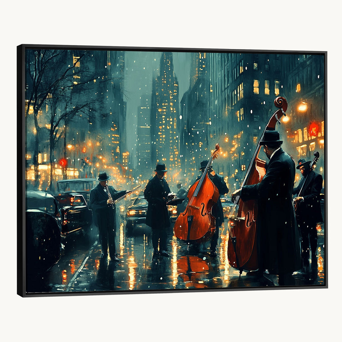 53391-MGV-CV-24X16 - Urban Night Jazz Wall Art Canvas Print | Moody Rain Soaked City Street Band Scene